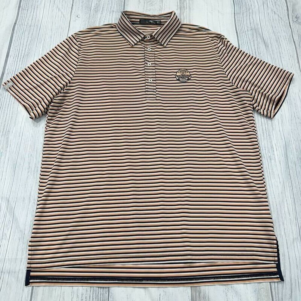 RLX Ralph Lauren Polo Shirt Large Orange Blue Stripe Casual Oak Hill Golf Mens